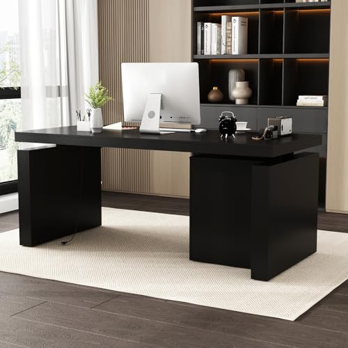 Image of FUFU&GAGA 70.9 inch Large Standing Desk with Drawer, Electric Height Adjustable Desk with File Cabinet, Executive Computer Table, Sit Stand Desks, for Home Office, Black, 70.9 inchW x 31.6 inchD x 29.5 inch-44 inchH