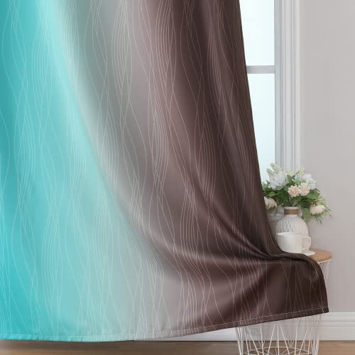 Estelar Textiler Brown and Teal Ombre Blackout Curtains 45 Inch Length 2 Panels, Full Room Darkening Gradient Drapes for Kitchen, Thermal Insulated Grommet Short Curtains for Bathroom, 42Wx45L