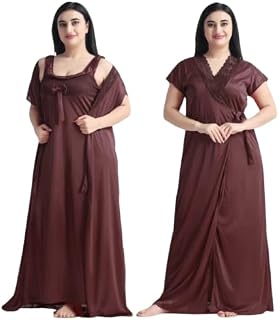 Conighty - Women's Satin Lace 2pcs Nighty Robe Set U-Neck Sleeveless Ankle Length Maxi Nightwear Sexy Silky Lace Nighty II... Price In India