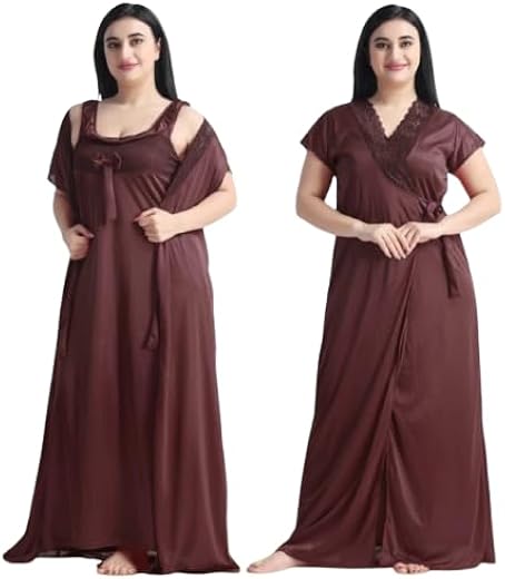 Conighty - Women's Satin Lace 2pcs Nighty Robe Set U-Neck Sleeveless Ankle Length Maxi Nightwear Sexy Silky Lace Nighty II...
