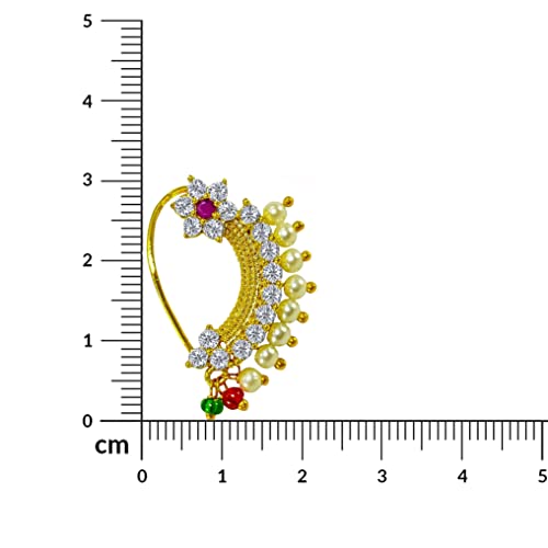 Maharashtrian Nath CZ Nose pin Traditional Bridal Nath Wedding Jewellery Marathi AD Nose Stud non piercing Pearl Gold Plated Clip On Press Nath Nose Ring For Girls, Medium, Gemstone, Cubic