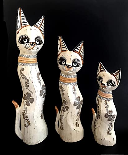 Large Hand Carved Wooden Stunning Cat Statue Set Of 3 Family Cat Kitty Home Decor Gift #TOP6