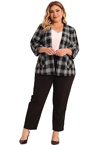 Agnes Orinda Plus Size Blazer for Women 3/4 Sleeves Casual Open Front Plaid Cardigan Blazers with Pockets3
