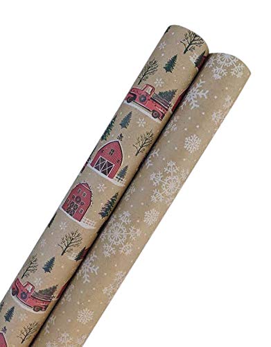 Christmas Wrapping Paper Set, Kraft - Snowflakes and Farmhouse Trucks - 200 Sq Feet (Bundle of 2 Jumbo Rolls, 100 Sq Feet Each) of Rustic Vintage Holiday Wrap with Grid Lines for Easy Cutting