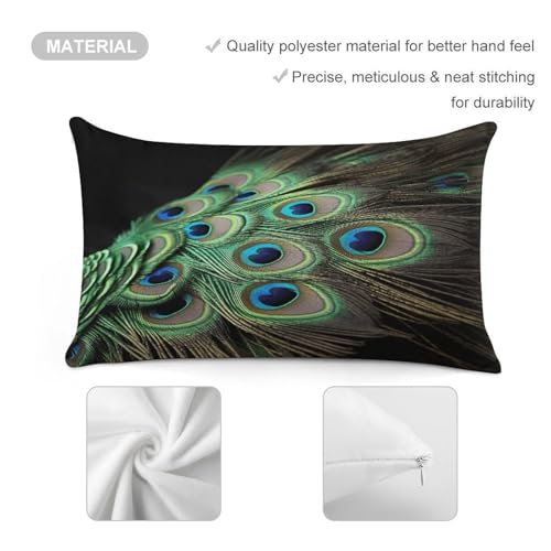 Funda de almohada de felpa de lujo rectangular con diseño de plumas de pavo real verde 4