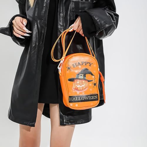 Halloween Gothic Ghost Shoulder Bag, Women's Vertical Skeleton Devil Pumpkin Purse, PU Leather Candy Crossbody Phone Bag2