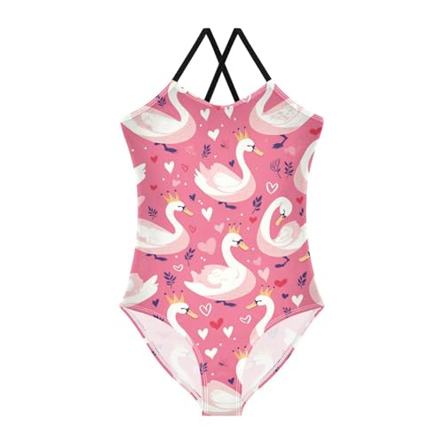 Cute Swans Crowns Girls One Piece Swimsuits Hearts Pink Sport Halter Swimwear Beach Bathing Suit 3T