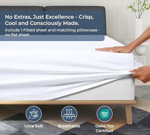 Image of ROYALE LINENS Fitted Sheet with Pillowcases - Queen Fitted Sheets with 2 Pillowcases - 300 Thread Count 100% Organic Cotton - Fits Mattress Up to 18 inch Deep - Soft & Breathable - White (No Flat Sheet)
