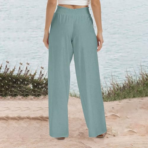 Women's Linen Wide Leg Pants Summer Boho High Waist Palazzo Lounge Pant Trousers Elastic Waist Beach Travel Outfits3