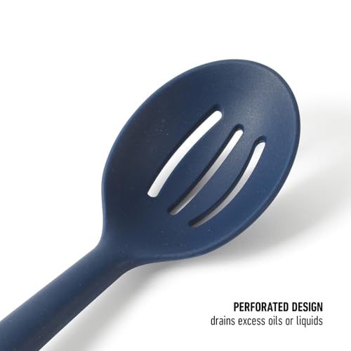 Image of Calphalon Prime Slotted Spoon Skimmer, Stainless Steel Slotted Spoon, Straining Spoon with Navy Silicone Head, Heat-Resistant Nonstick-Safe Kitchen Tool