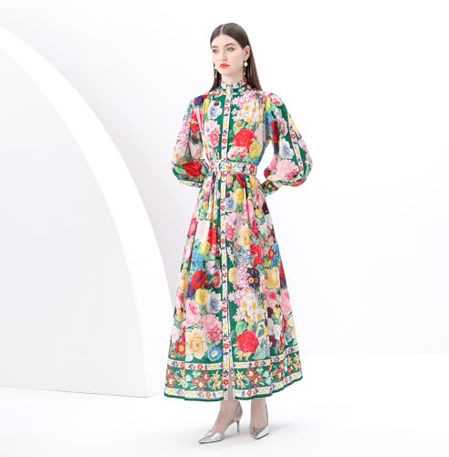 Image of LAI MENG FIVE CATS Women's Puff Sleeves High Collar Floral Print Button Front Loose Flowy Maxi Dress with Belt