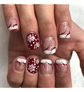 Christmas Press on Nails Short Square MABKJLF French Tip Fake Nails Winter False Nails with Desig...