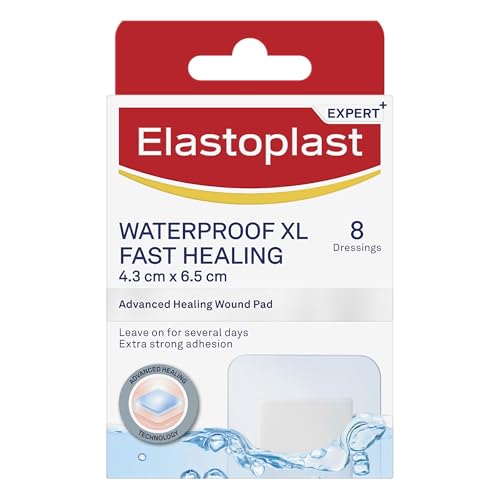 Elastoplast Waterproof XL Fast Healing Wound Dressings 6.5cm x 4.3cm (8 Pack) | Reduces Risk of Scarring | Extra Strong Adhesion | Waterproof Plaster | Protects Wounds from Dirt & Bacteria