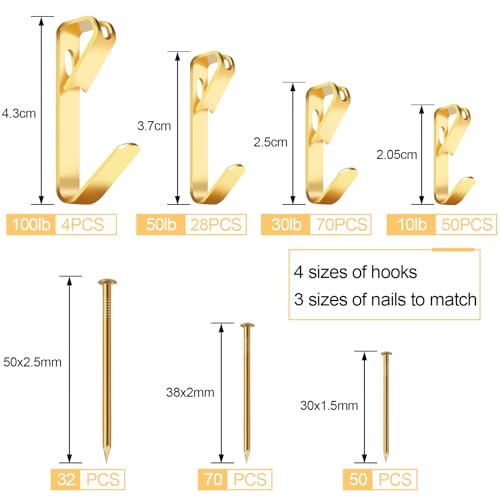 Image of 304 Pieces Picture Hanging Kit, 10lb, 30lb, 50lb and 100lb Picture Hangers, Metal Picture Hanging Hooks with Nails, on Drywall, Wooden Wall(Gold)