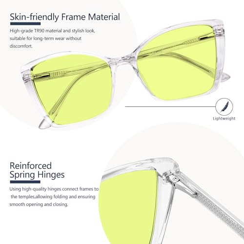 Image of Blue Light Blocking Glasses for Women, Oversized Trendy Cat Eye Computer Gaming Glasses for Migraine, Light Sensitivity, Photophobia & LED Fluorescent Glare RF6204 (Green Lens Clear Frame)