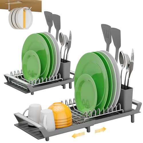 Small Dish Drying Rack Expandable, Stainless Steel Compact Mini Dish Drainer Space Saving with Automatic Drainage & Removable Cutlery Holder for Kitchen Counter or Sink, Bonus Cup Lid Rack, Grey