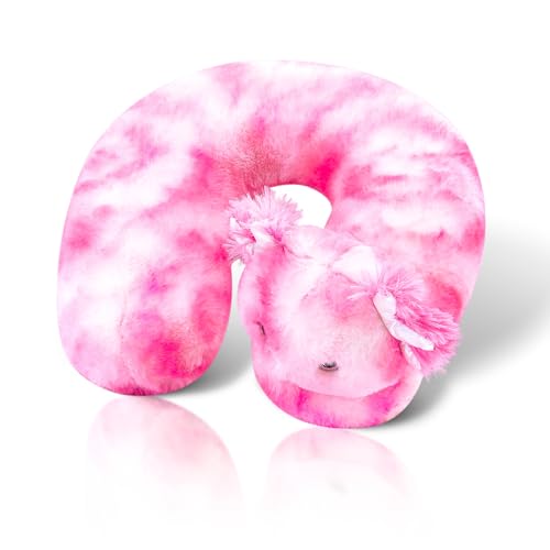 Image of Cloudz Kids Super Soft N' Cuddly Animal Airplane Travel Neck Pillow! Keep Children Comfy and Supported with a Buddy While Traveling or just Resting at Home - Pink Axolotl