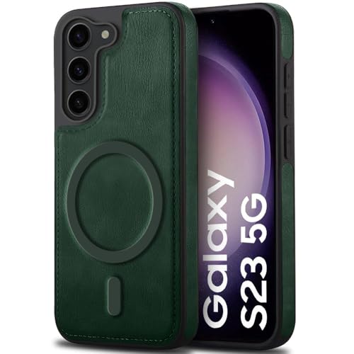 Image of TheGiftKart Genuine Leather Finish Back Cover Case for Samsung Galaxy S23 5G | Shockproof Design | Raised Edges for Camera & Screen Protection | Stunning Minimalist Design (MagSafe Compatible, Green)