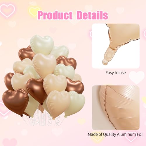 Image of 20pcs Brown Nude Cream Heart Balloons, 18 Inch Coffee Beige Foil Neutral Heart Shape Love Balloons for BOHO Birthday Baby Shower Wedding Valentines Day Party Decoration
