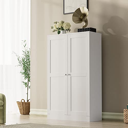 Cozy Castle White Pantry Cabinet, Office Storage Cabinet With Doors And Adjustable Shelves, Bookshelf For Bedroom, Living Room, 52.7" H X 31.8" L X 13.8" W #TOP19