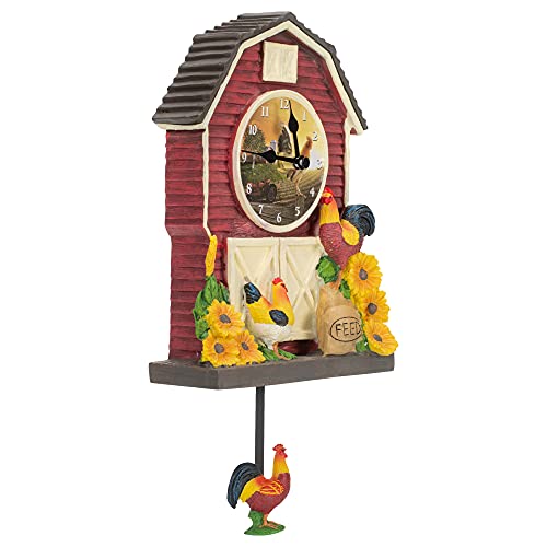 Mark Feldstein & Associates Farm Rooster Pendulum Rustic Floral 15 Inch Resin Stone Wall And Tabletop Clock #TOP1