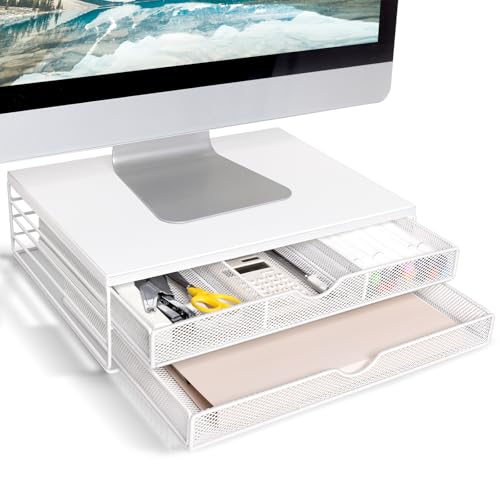 Image of ARCOBIS Wood Monitor Riser with Drawers, Mesh Metal Computer Monitor Stand Riser with Storage for Desk, Max Load Capacity 40LB, 2 Drawers, White