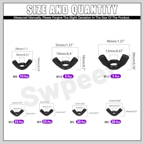 Miniatura 2 de Swpeet 135 Tuercas De Mariposa Métricas Dentadas De Acero Al Carbono Negro De Alta Resistencia, 7 Tamaños Hasta M3, M4, M5, M6, M8, M10 Y M12