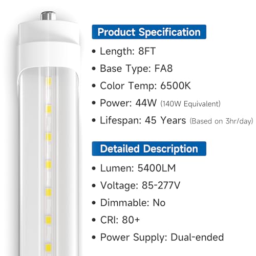 SHINESTAR 2-Pack 8ft LED Bulbs, 44w 6500K Daylight, Ballast Bypass, Dual-end,
