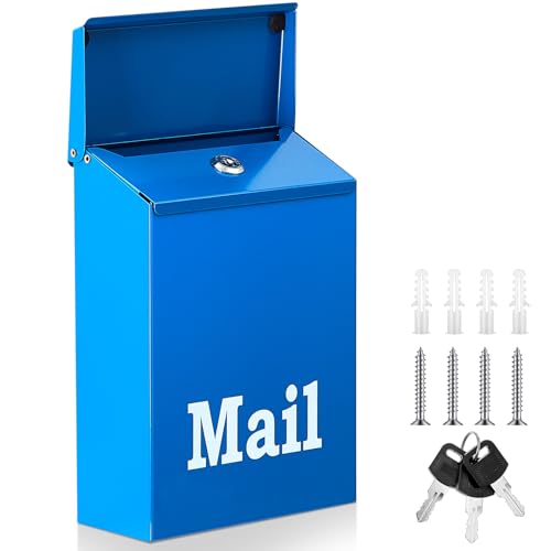 Image of MorningRo 10 x 7 x 3 Inch Small Blue Wall Mount Mailbox with Lock Key for Outside Apartment Porch Rust Proof Security Key Drop Box for Letters Newspapers Cards
