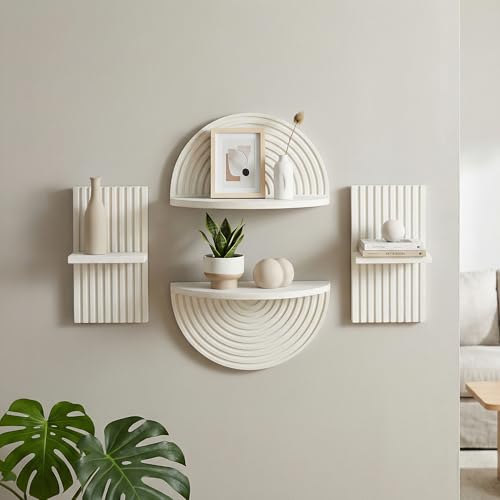 Image of American Art Decor White Boho Arched Lunar Ledges Wall Shelf Set, 4 Piece Modular Wood Floating Display Shelves, Arch Bookshelf for Bedroom, Bathroom, Kitchen & Living Room Decor