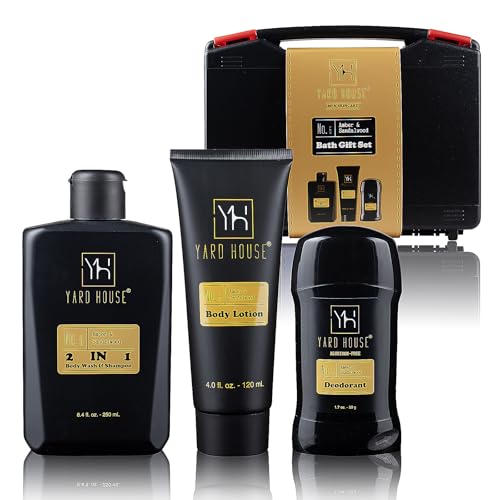 Yard House Mens Bath Body Gift Set Sandalwood Amber 4-Pcs Grooming Kit with Body Wash Body Lotion Deodorant Travel Toolbox Case - Fathers Day Gifts For Father Birthday Christmas Gift Ideas