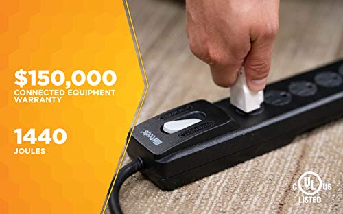 Woods 41496 Surge Protector With Safety Overload Feature 7 Outlets And 10 Ft Cord For 1440J Of Protection, Black #TOP4