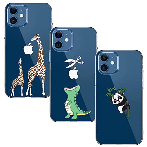 BAOWEI [3-Stück] Kompatibel mit iPhone 12 Mini Hülle, Transparent Weiche Durchsichtig Dünn Handyhülle mit Süße Muster Silikon Klar TPU Stoßfest Schutzhülle Case - Dinosaurier, Giraffe & Panda Cover