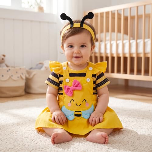 Image of Baby Girl Clothes Summer Outfit Newborn Ruffle Romper Cartoon Suspender Skirt Bow Headband Set 0-18 Months
