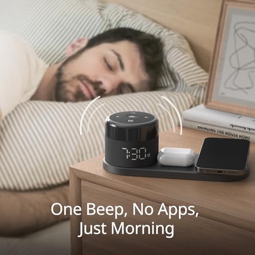 HOUSBAY Alarm Clock with Wireless Charging Station &ndash; Magnetic Charger for iPhone 16/15/14/13/12 Series, Charging Dock for AirPods, USB Port for Apple Watch, Dimmable Night Light Clock for Bedroom