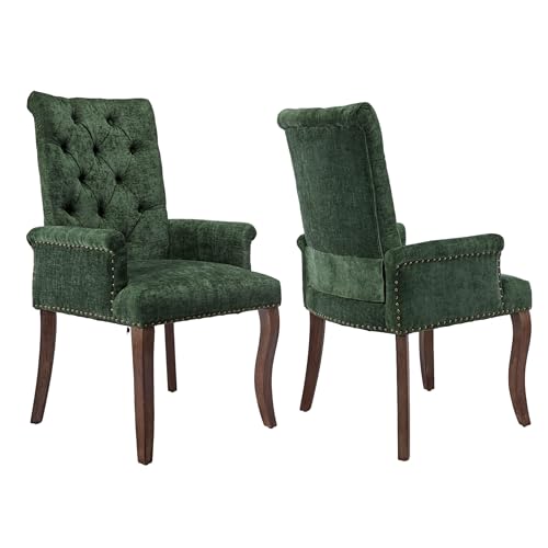Upholstered Tufted Chenille Dining Chairs with Arms & Nailhead Trim – Solid Wood Frame & Legs, Modern Farmhouse for Dining, Kitchen & Living Room (Set of 2, Olive Green)