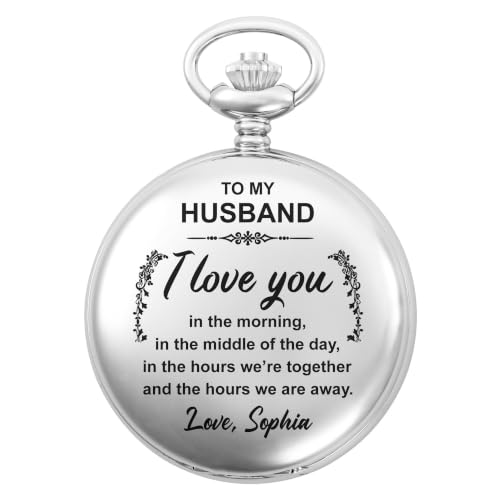 ALMAGEMSUS Personalized Pocket Watch for Husband, “I Love You in the Morning” Romantic Gift from Wife, Birthday Present for Him, Happy Anniversary Keepsake for Boyfriend or Couples