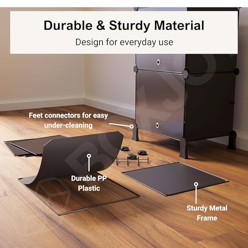 Image of BOXJOY 6 Shelf Black Shoe Rack with 3 Doors, 5 Hook Steel Holder & Wooden Hammer Home Storage PP Plastic Organizer with Metal Door Frame and Foots for Chappal Slipper Sandals Shoes Box Stand