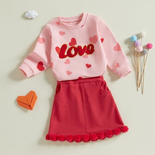 Image of Toddler Girl Valentines Day Outfits Letter Heart Print T-Shirt A-Line Mini Skirts Dress Girls Valentine's Day Dresses