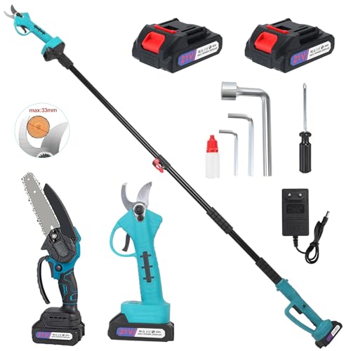 Sierra de Mano de Rama Alta con Poste inalámbrico 3 en 1, Tijeras de podar eléctricas con Varilla telescópica de 1.7 m, 33mm Tijeras de Podar Eléctricas,2 baterías de 2,0 Ah (con Barra extraíble)