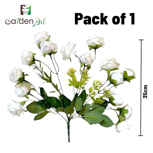 Image of Garden Art Artificial Small Rose Flower Bunch (Pack of 1) | 5 Heads with 15 Flowers & Buds, 35 cm Faux Rose Bouquet for Home Decor, Wedding & Table Decoration (White)