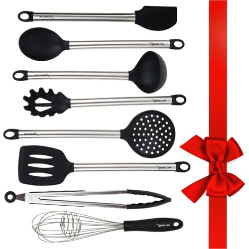 PREMIUM Silicone Kitchen Serving Utensil Set - Stainless Steel Metal and Black Utensils Including Tongs Spoons Spatula Ladle Whisk and Frosting Spatula Professional Nonstick Safe Modern Cooking Tools by Beneloni - Used condition - US$22.44