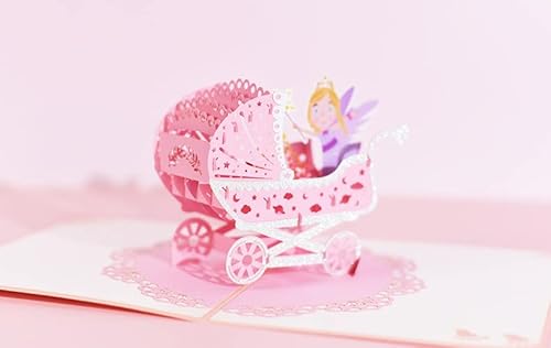 DORAFIORA® Pop-Up Karte Baby – 3D Glückwunschkarte zur Geburt/Taufe | Feen-Kinderwagen | Für Jungen & Mädchen | Inkl. Umschlag (Baby Pink)