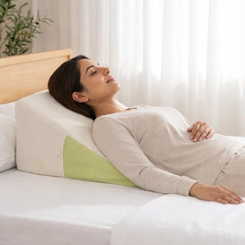 Image of DREAMZEE 100% Certified Natural Latex Wedge Pillow with Side Pockets for Sleeping, Back & Neck Support, Acid Reflux | Orthopedic Wedge Pillows for Bed | Organic Bamboo Fabric Zipper Cover (Pack of 1)