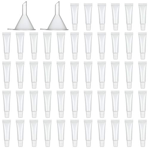 50 PCS Empty Lip Gloss Balm Tubes and 2 Plastic Funnels - Clear Empty Lip Balm Containers Refillable Soft Cosmetic Tubes Refillable Cosmetic Containers for Cosmetics DIY Women Girls - 15ML