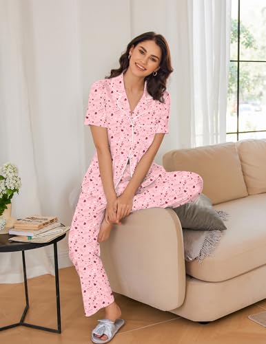 Image of Ekouaer Women Pajamas Set Button Down Sleepwear Short Sleeve Nightwear with Long Pants Soft Pjs Set S-XXL Dark Heart L