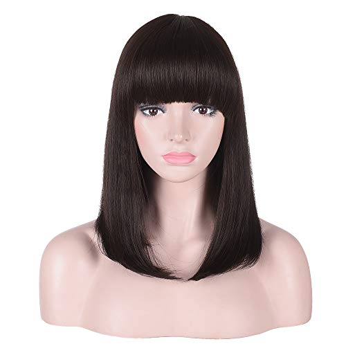AMZCOS 15 Inch Short Straight Dark Brown Bob Wig with Bangs | Natural Heat Resistant Synthetic Hair for Women Daily Wear (Brown)