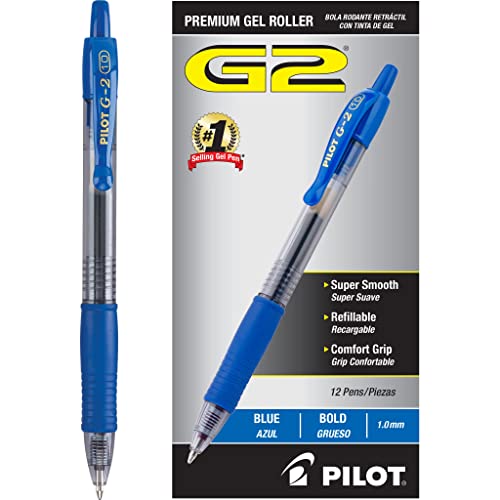 Image of Pilot G2 Retractable Premium Gel Ink Roller Ball Pens, Bold Point, Blue Ink, Pack of 12 (31257)