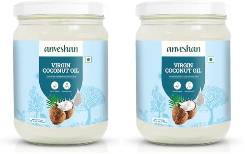 Image of Anveshan Cold Pressed Virgin Coconut Oil 500ML | Glass Jar | Unrefined Cold Pressed Virgin Coconut Oil, Naturally Cholesterol Free, Kolhu /Kacchi Ghani /Mara Chekku /Ganuga, Rich Aroma & Flavour of Real Coconuts, A1 Grade Coconuts
