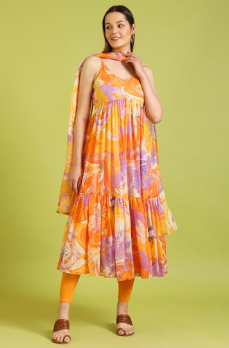Image of W for Woman Orange Abstract Printed Tiered Spaghetti Kurta and Leggings Set with Dupatta